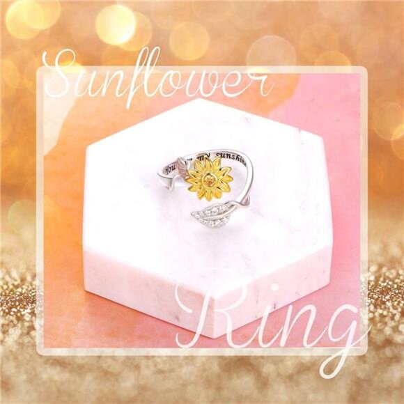 Sunflower Ring Sterling Silver You are My Sunshine CZ Ring 100 Languages - Picture 4 of 7